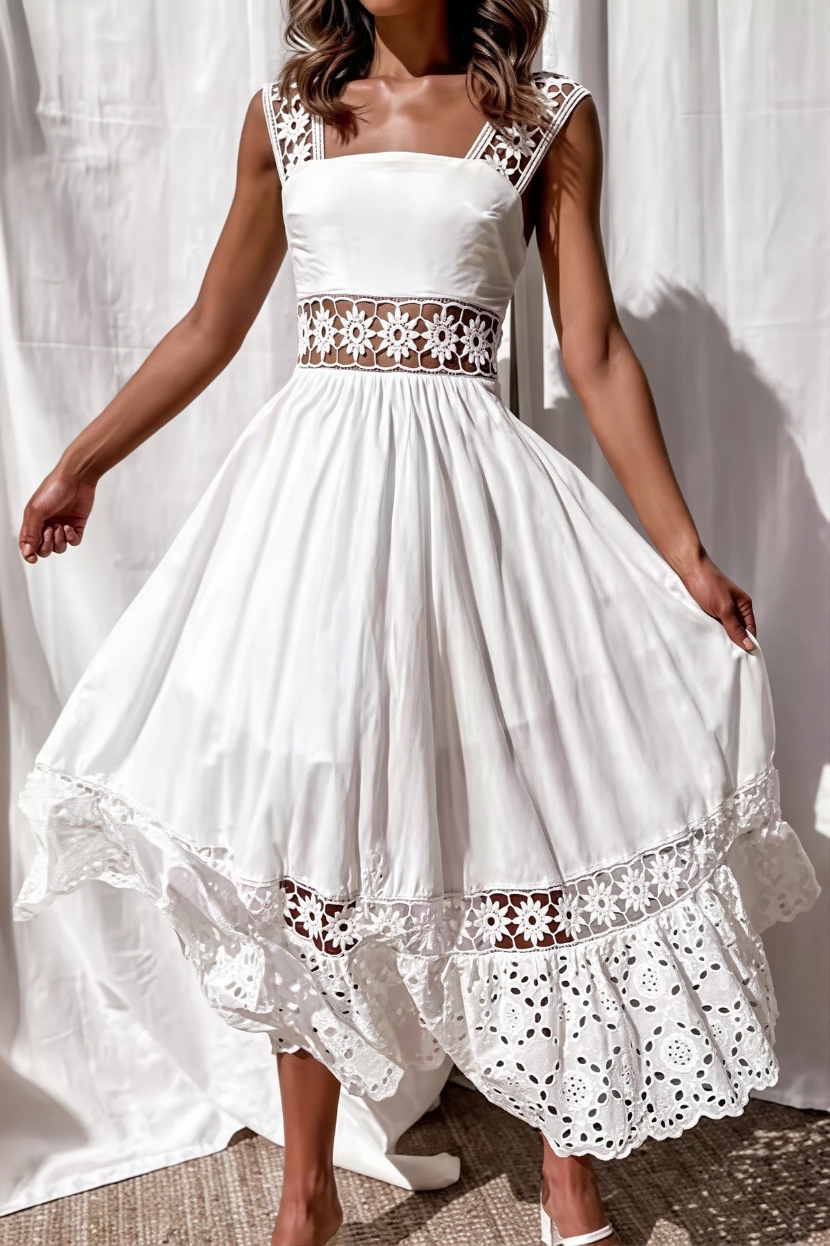Broderie Square Neck Crochet Trim Tiered Midi Dress
