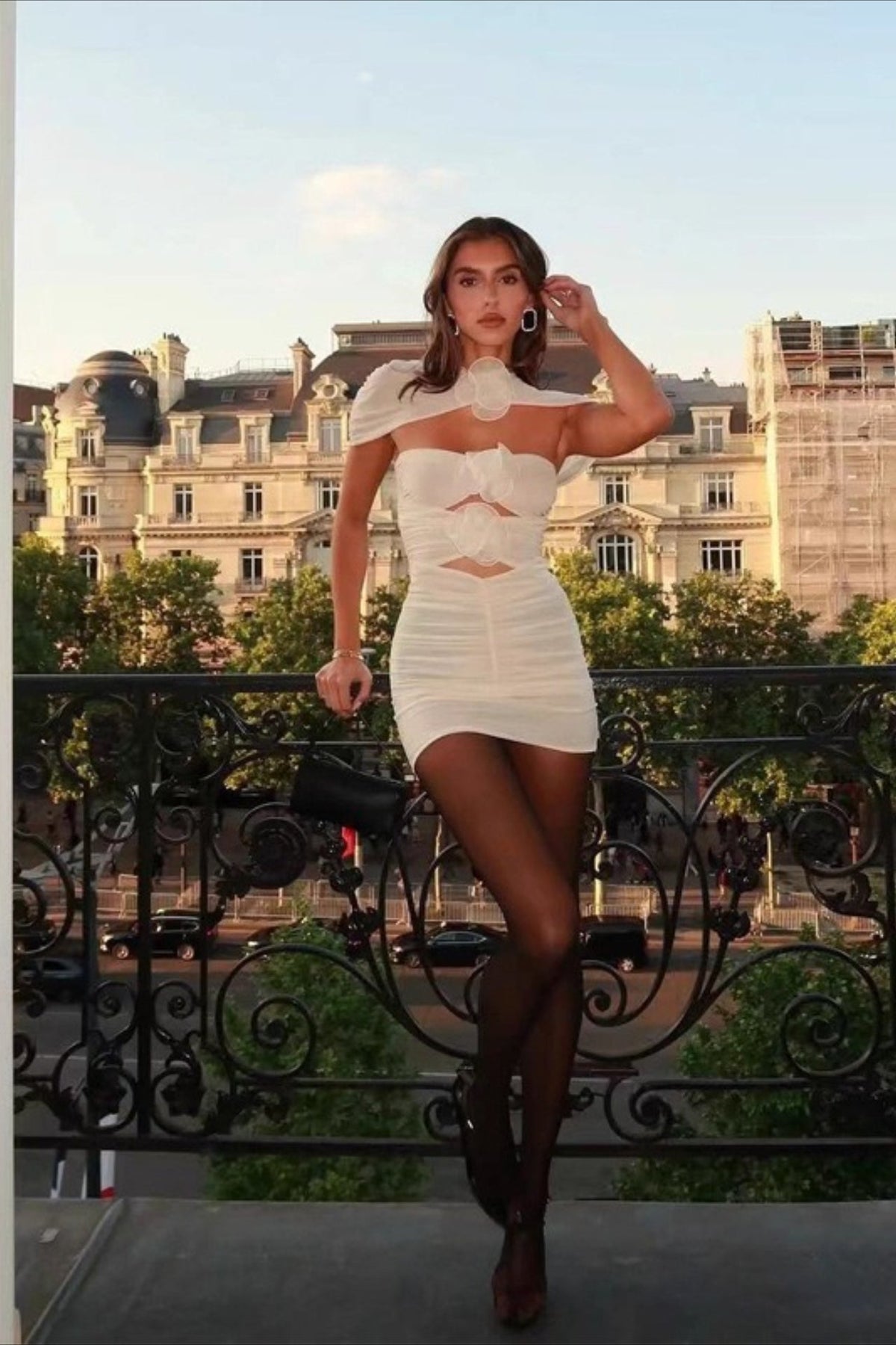 Rosette Off-Shoulder Cut-Out Ruched Bodycon Mini Dress