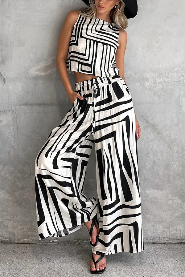 Striped Printed Sleeveless Casual Top and Elastic Waist Loose Pocket Wide-leg Pants Set - Fashionpara