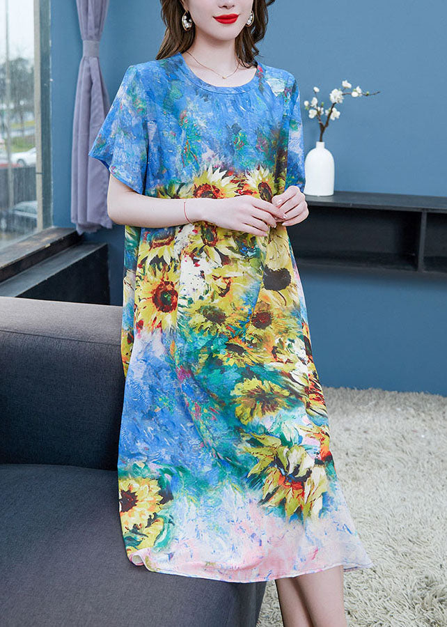 Sunflower Art Print Round Neck Short Sleeve Midi Shift Dress