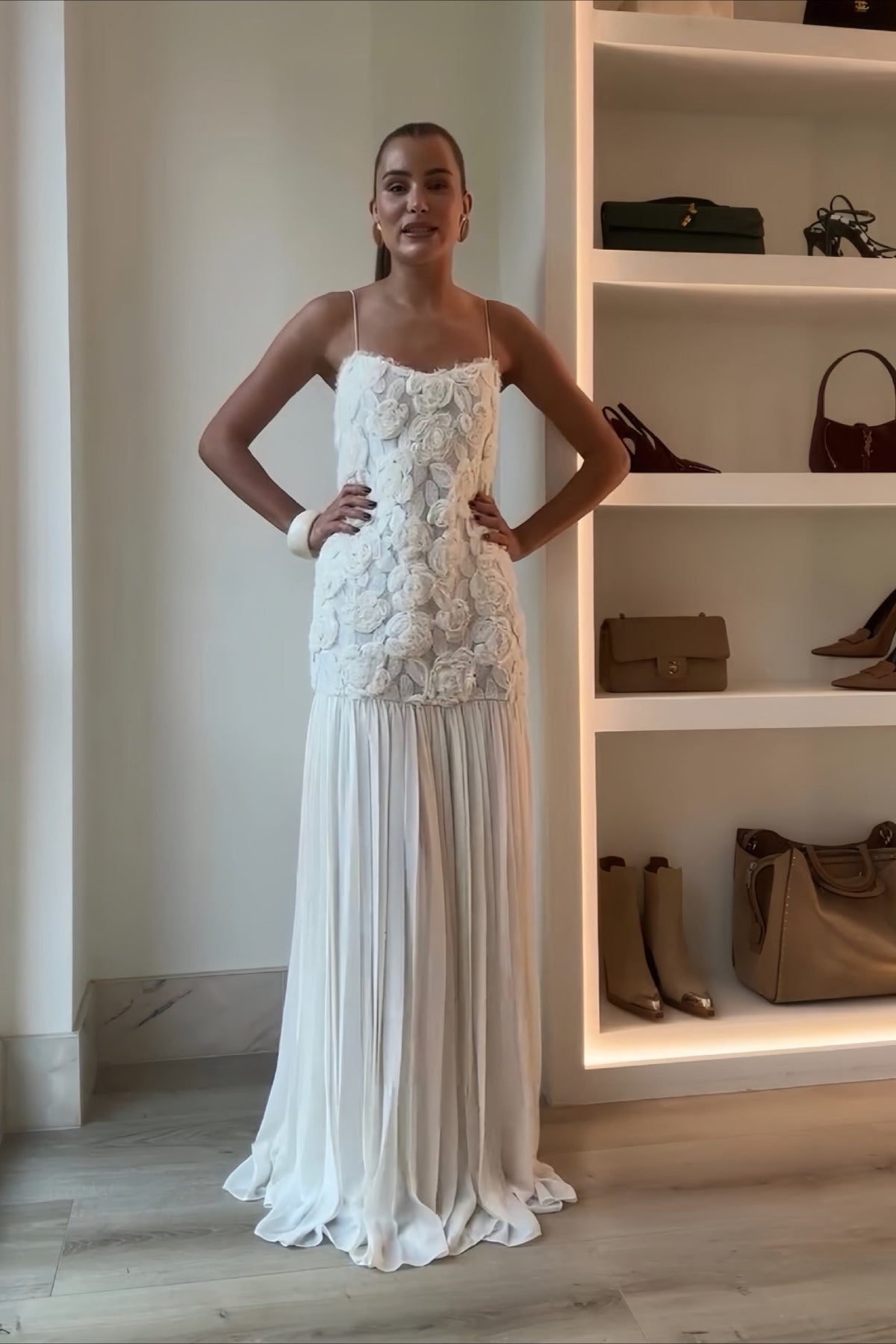 Floral Appliqué Spaghetti Strap Pleated Drop Waist Maxi Gown