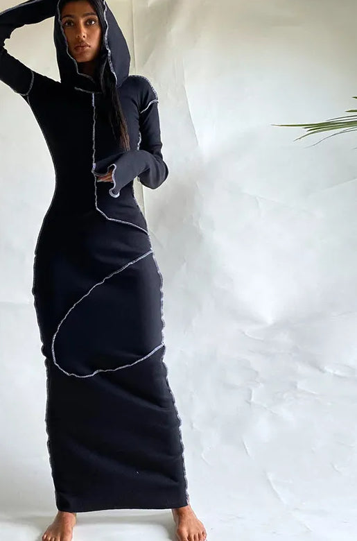 Patchwork Hoodie Slit Midi Dress - Fashionpara