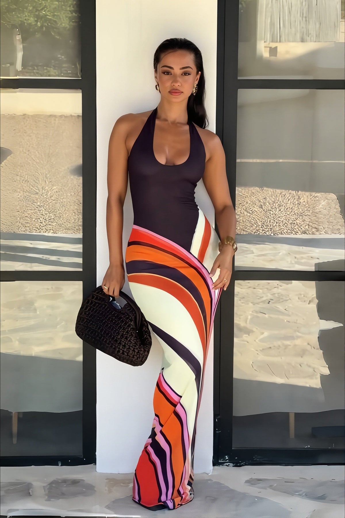 Swirl Print Halter Neck Fishtail Maxi Dress