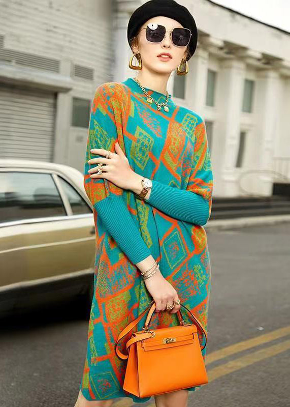 Geometric Pattern Knit Mock Neck Batwing Sleeve Shift Midi Dress - View 2