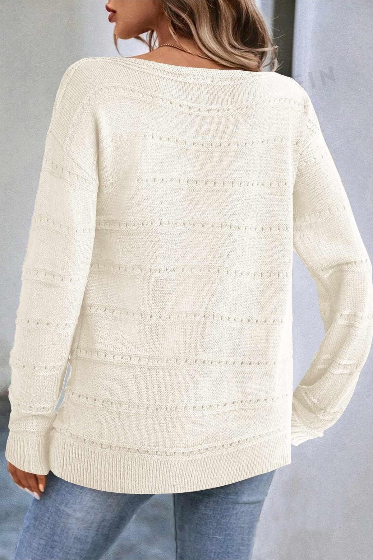 Openwork Boat Neck Relaxed Sweater