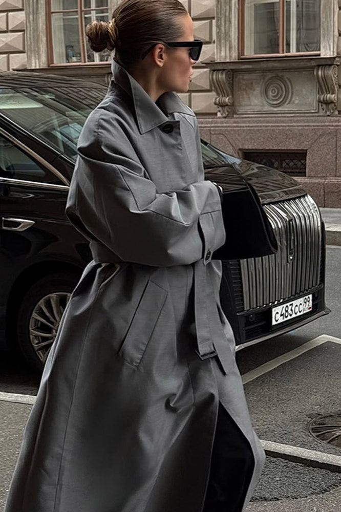 Elegant Solid Color Belted Long Overcoat for Chic Style