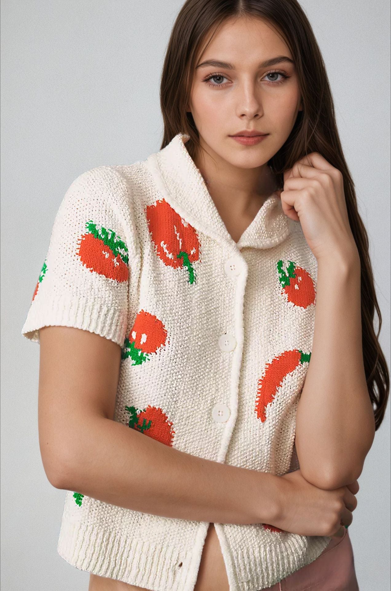 Elegant Jacquard Knit Cardigan with Short Sleeves for Style