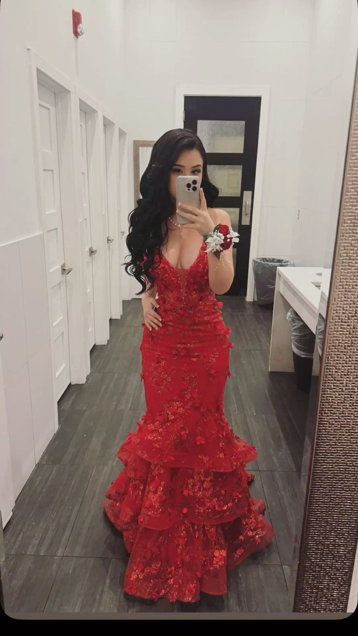 Red Mermaid Prom Party Dress With Flowers Sexy Evening Dress Birthday Outfit - Fashionpara