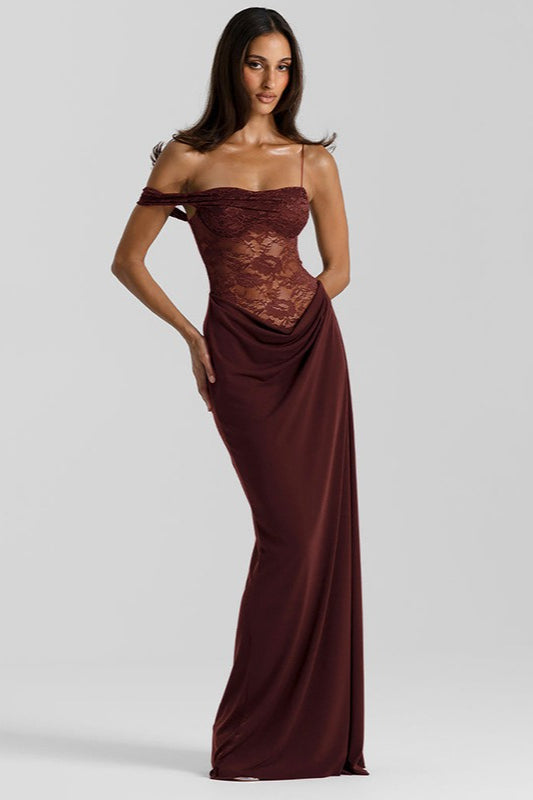 Off Shoulder Lace Corset High Split Maxi Gown - View 6