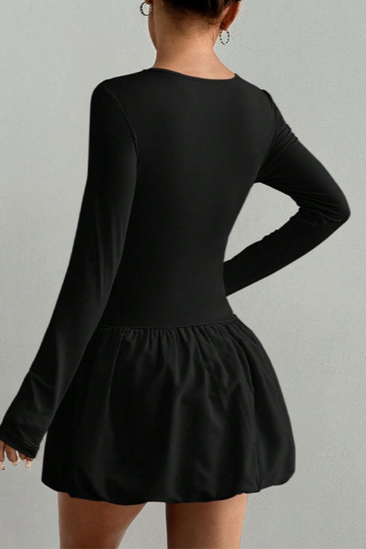 Crew Neck Long Sleeve Ruched Bubble Hem Mini Dress