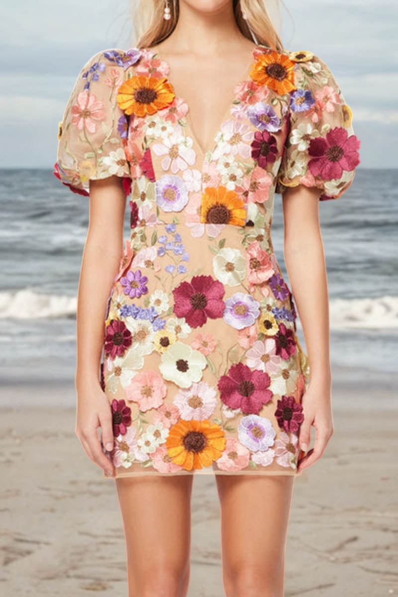 3D Lace Flower V-neck Puff Sleeve Mini Dress - Fashionpara