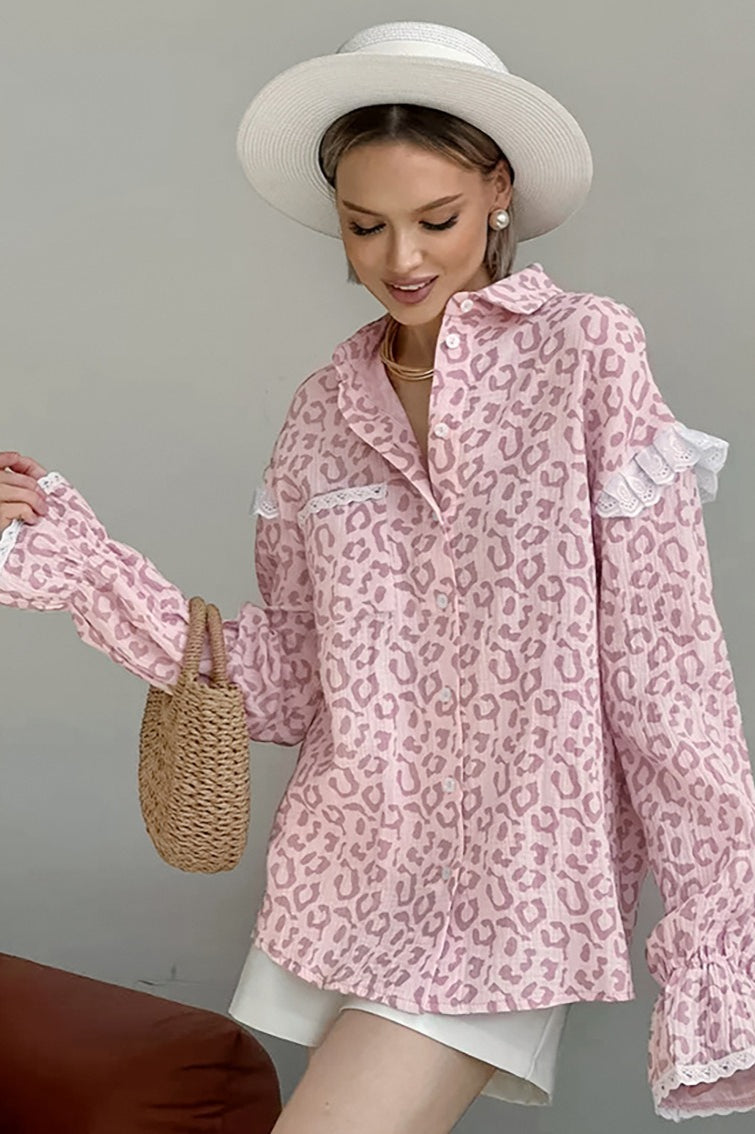 Elegant Leopard Print Cotton Long Sleeve Blouse