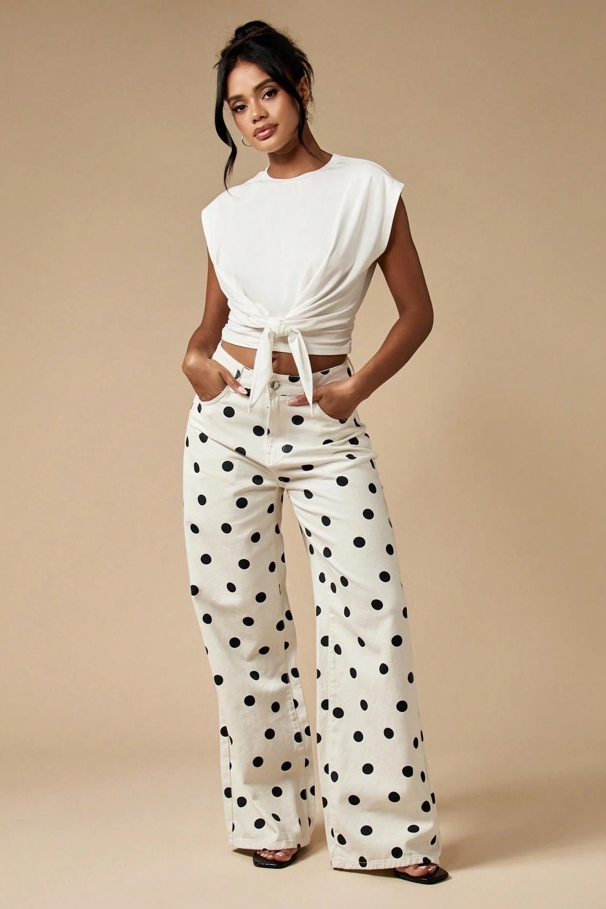Polka Dot Wide Leg Denim Pants