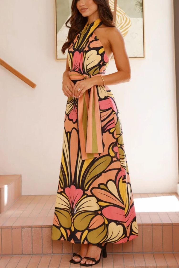 Unique Print Halter Neck Waist Tie Holiday Maxi Dress - Fashionpara