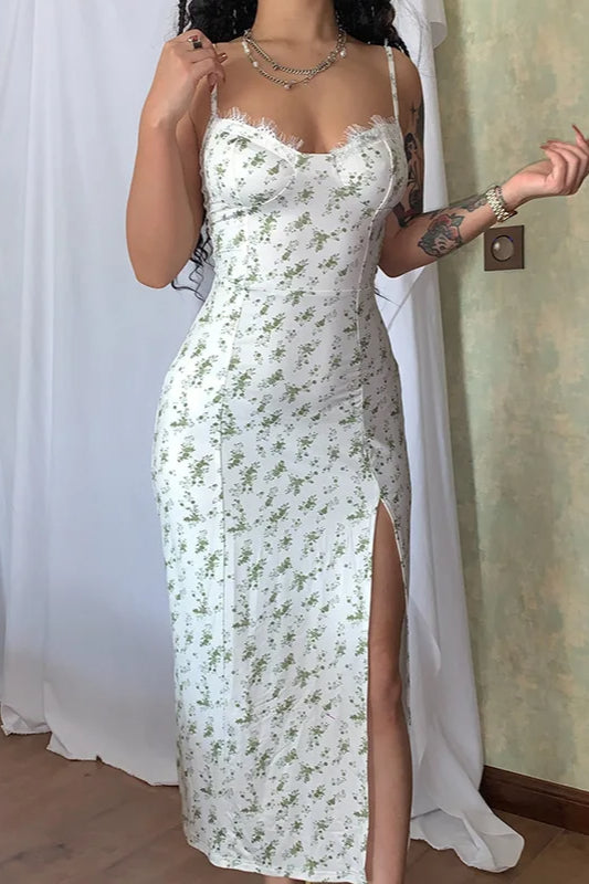 Floral Print Lace-Trim Sweetheart Spaghetti Strap Dress