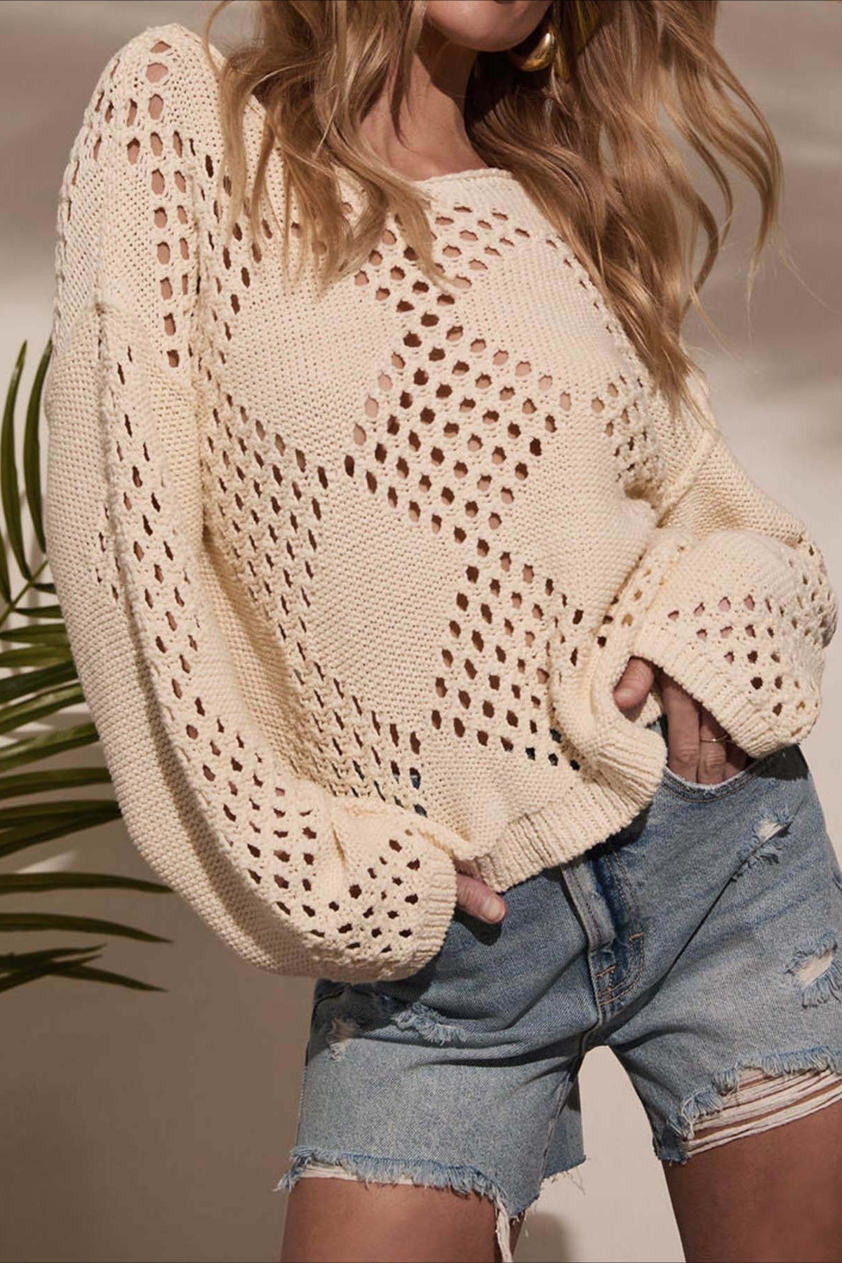 Cutout Off-the-Shoulder Long Sleeve Knit Blouse