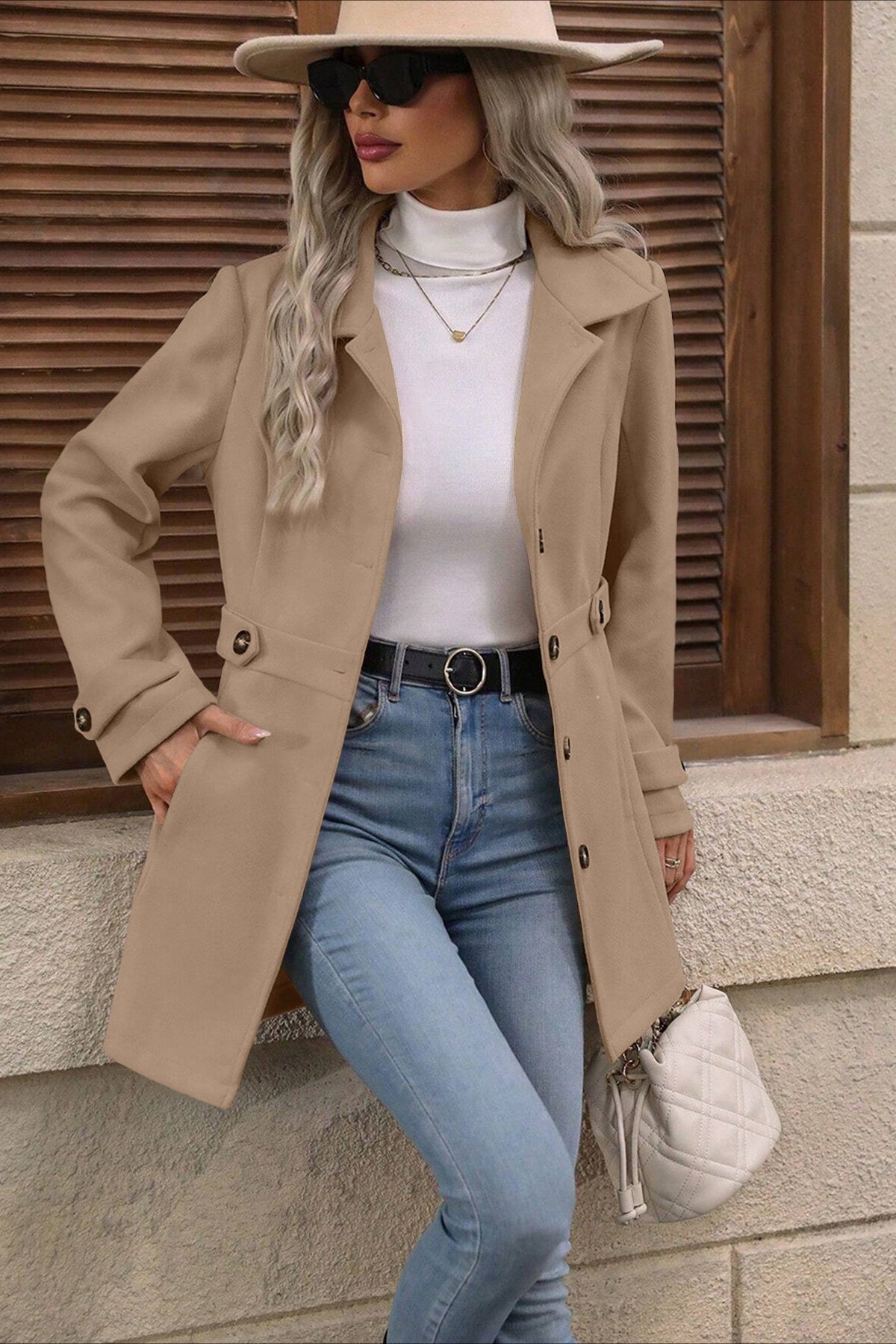 Midi Wool Blend Belted Notch Lapel Coat - Fashionpara