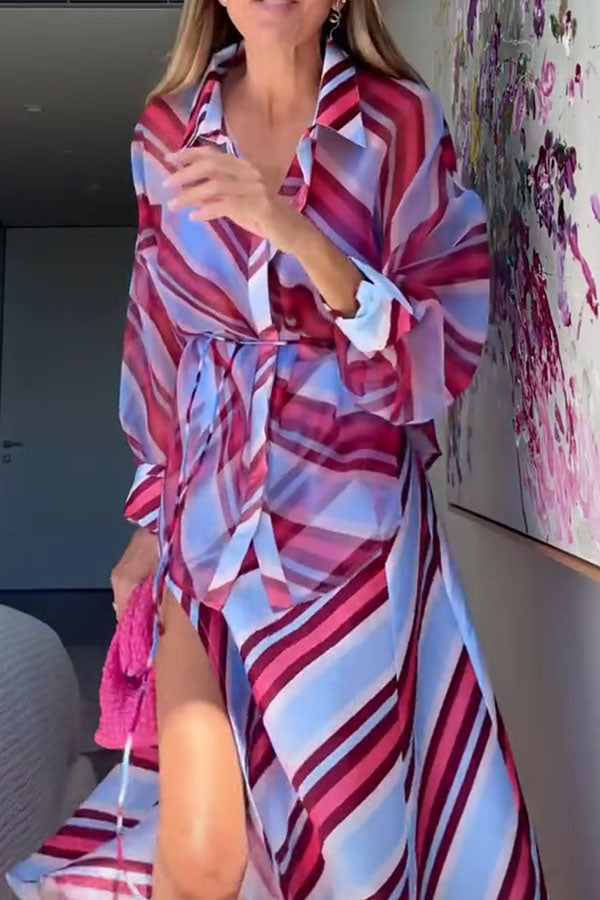 Brighter Days Sheer Organza Striped Tie-up Oversized Blouse - Fashionpara