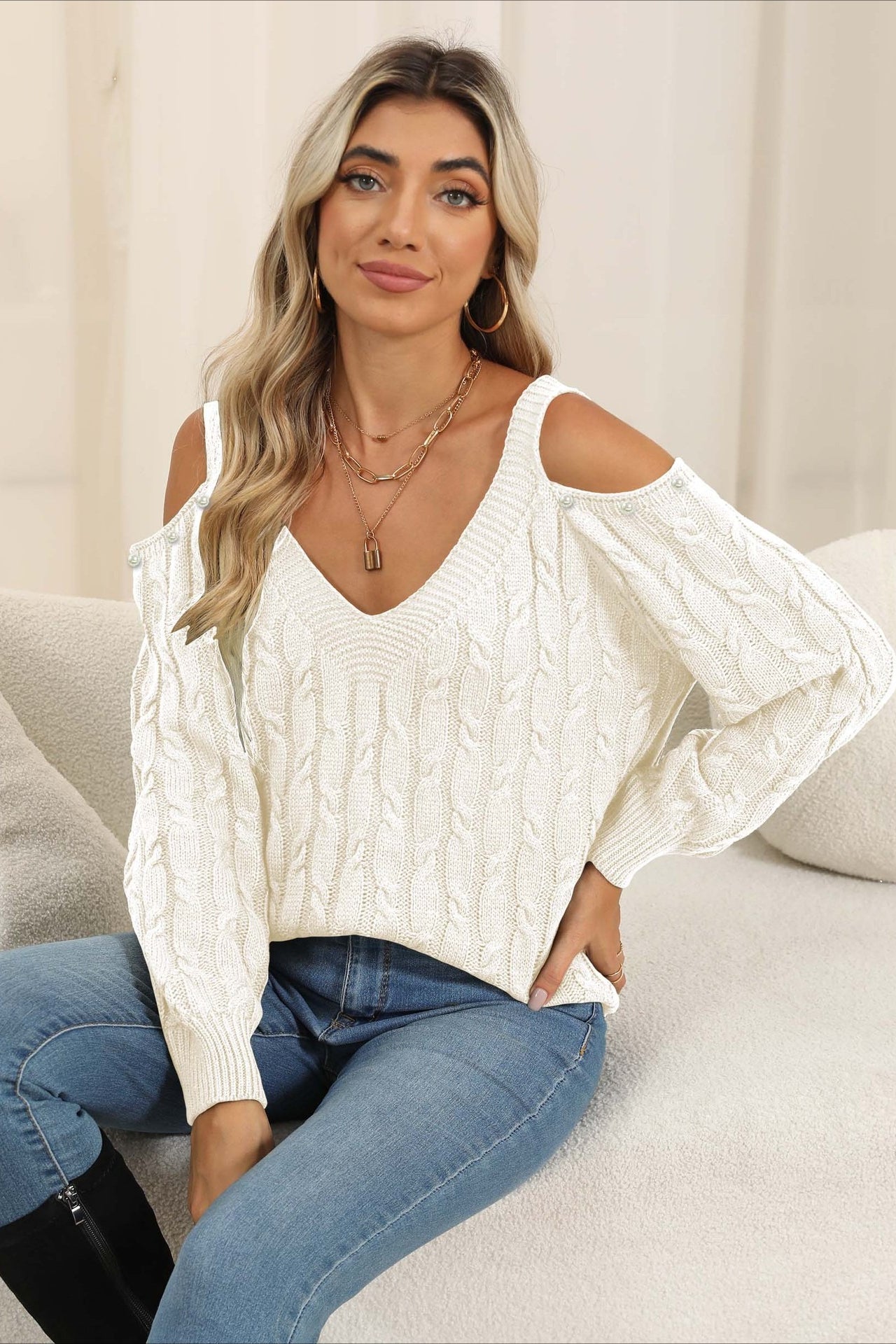 PrincessAce Deep V Off-Shoulder Pullover Sweater for Women