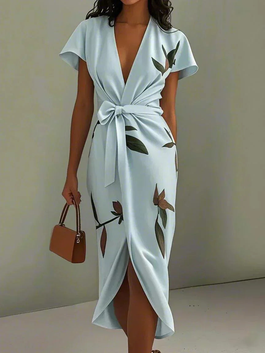 Floral V-Neck Short Sleeve Tie Waist Wrap Midi Dress 9