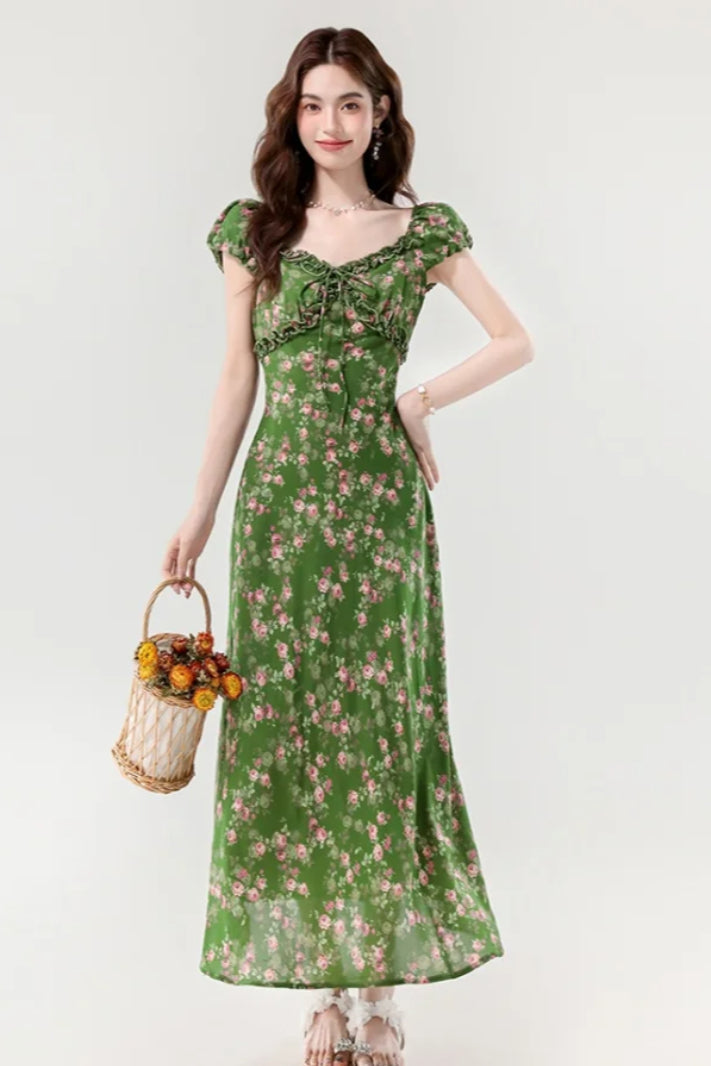 Floral Print Sweetheart Ruffle Puff Sleeve A-Line Maxi Dress