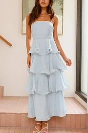 Pure Color Sexy Tube Top Backless Multi-layered Maxi Dress - Fashionpara