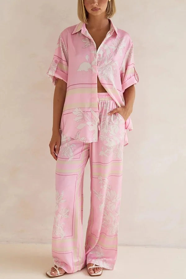 Fashionable Plant Print Loose Lapel Short Sleeve Shirt and Casual Elastic Waist Pocket Pants Set - Fashionpara