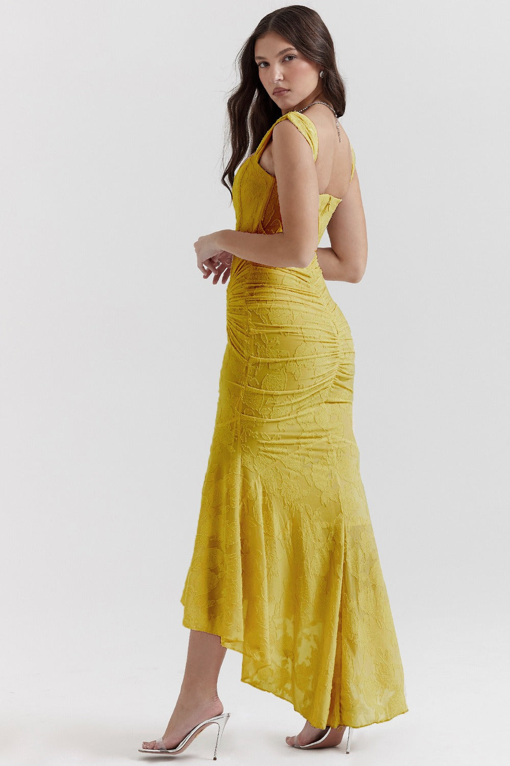Jacquard Square Neck Corset Ruched Mermaid Gown - View 8