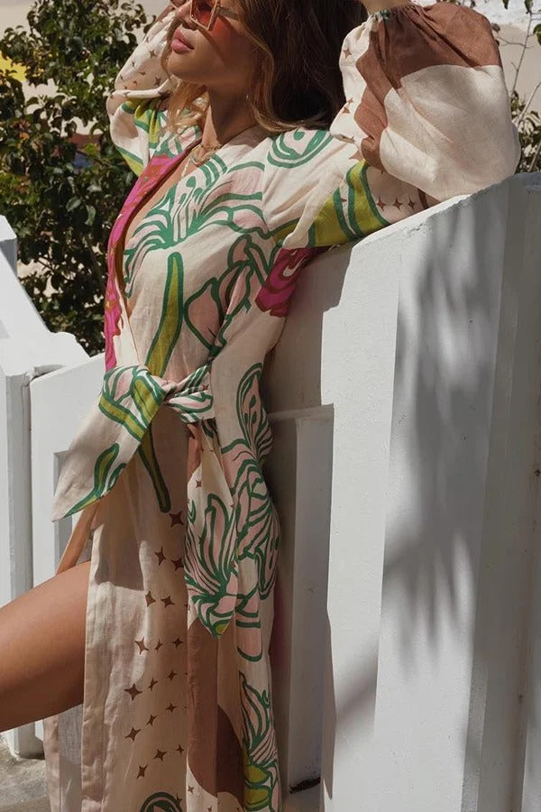 Tracey Linen Blend Unique Print Balloon Sleeve Tie-up Tunic Maxi Dress - Fashionpara