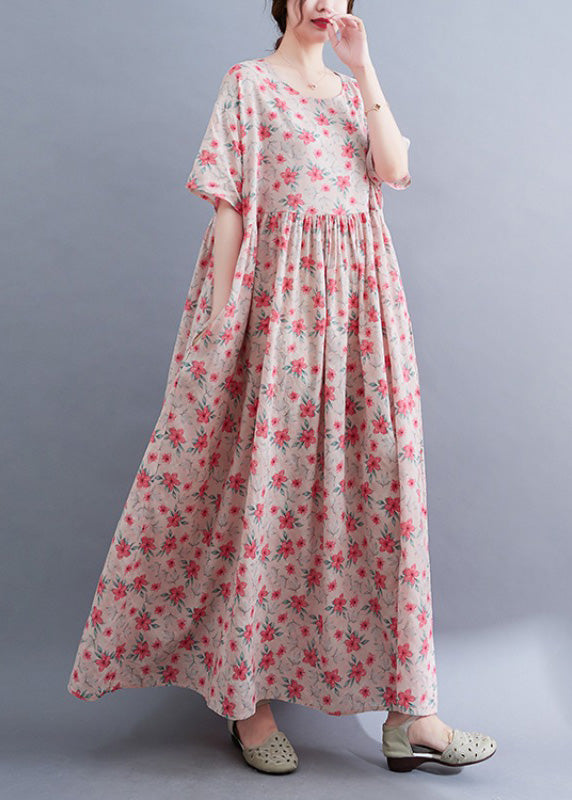 Floral Print Round Neck Short Puff Sleeve Empire Waist Maxi Dress