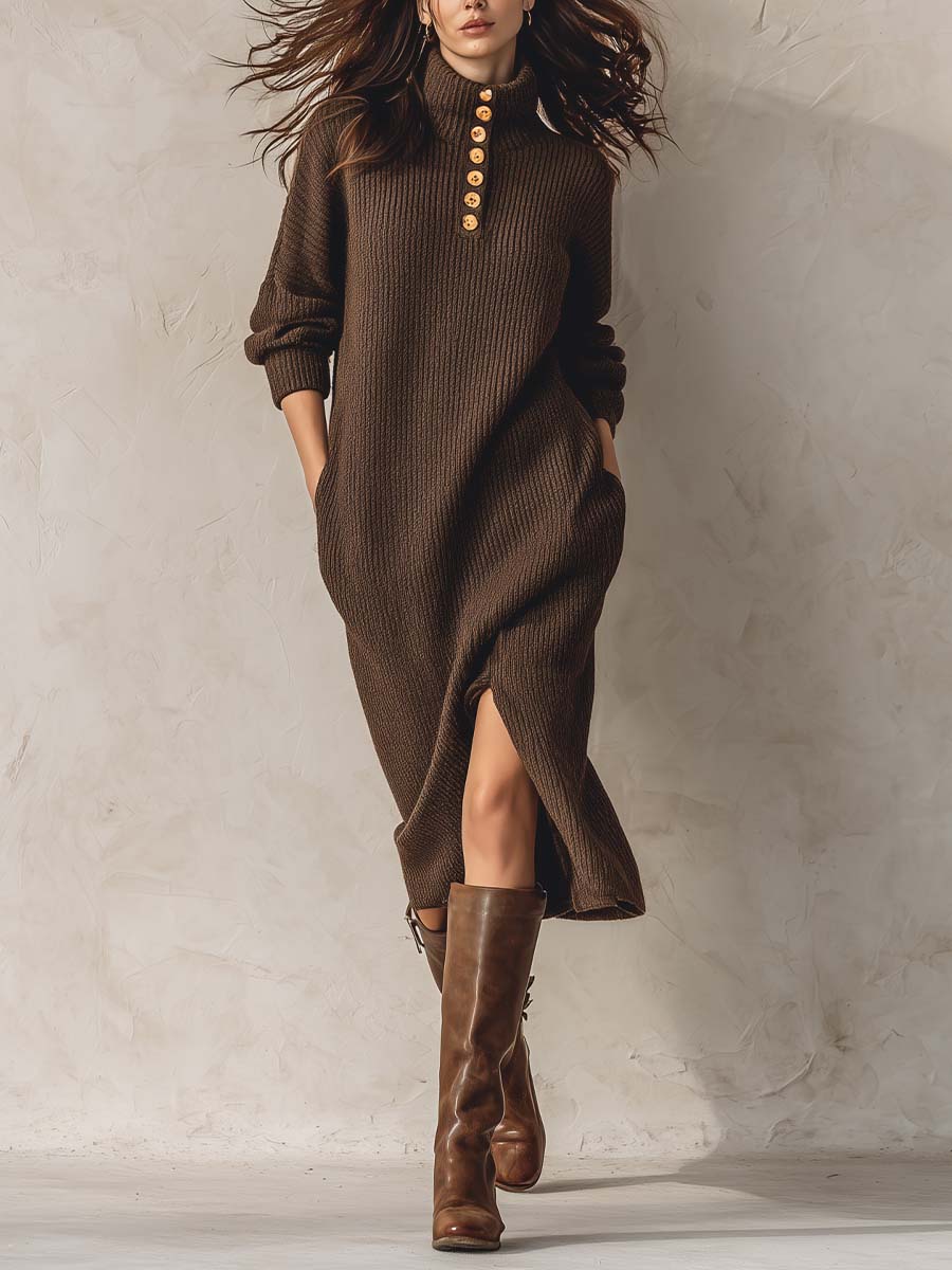 High-Neck Knit Sweater Dress With Gold Button - Fashionpara