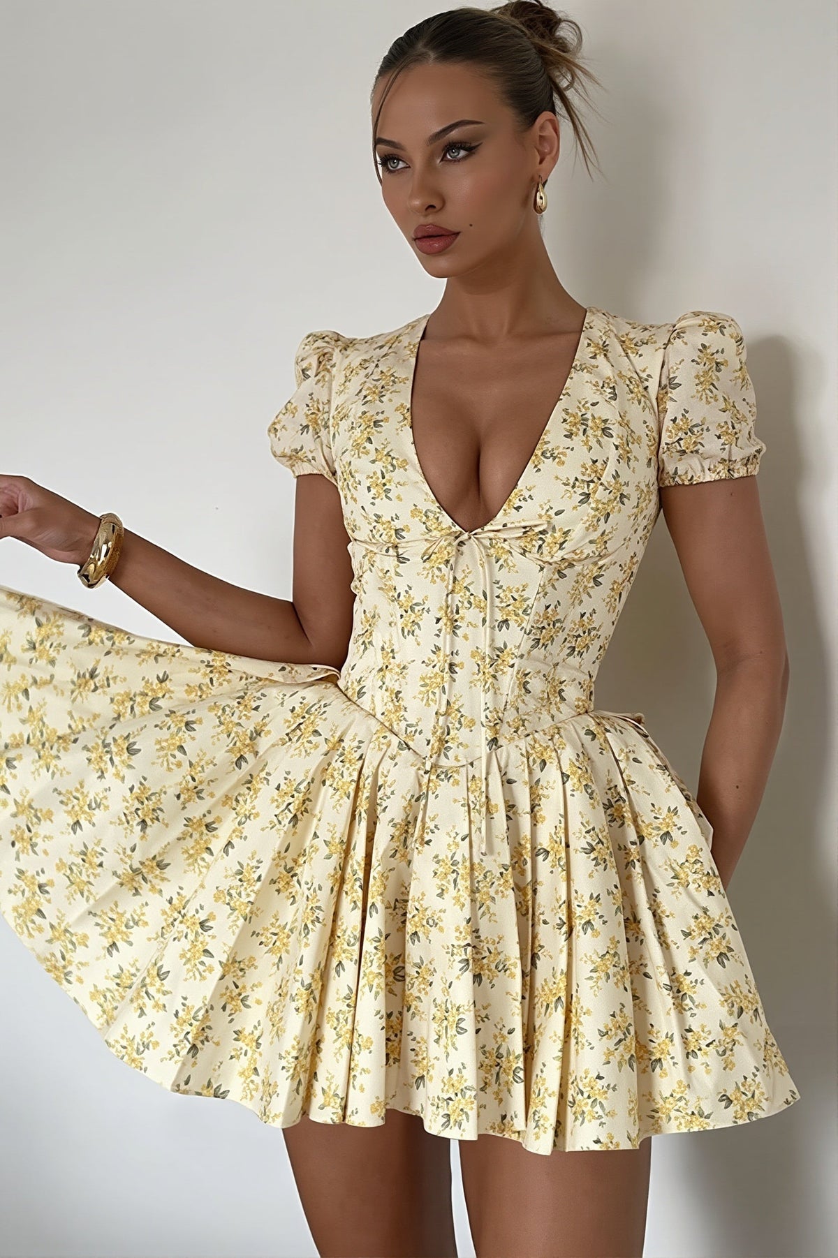 Floral V-Neck Puff Sleeve Corset Flare Mini Dress