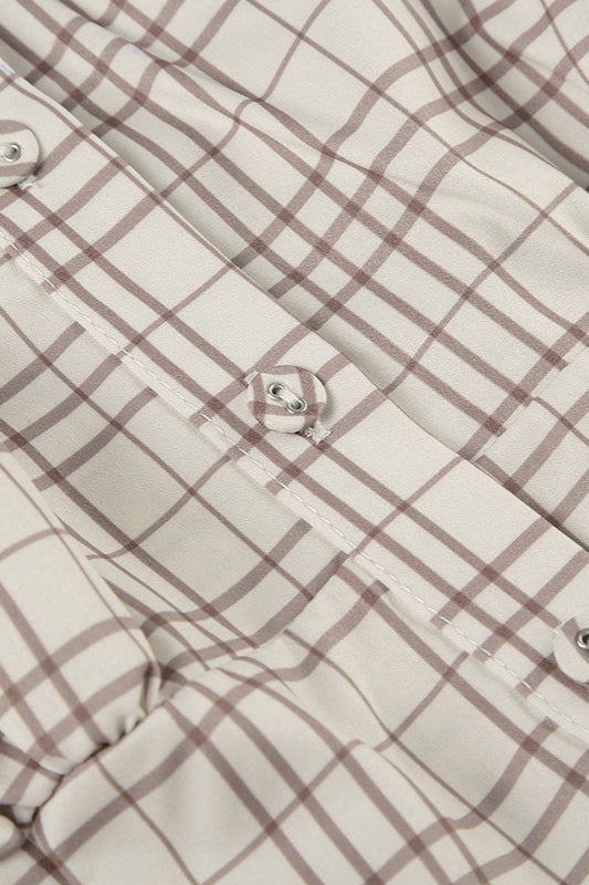 Fitted Waist Plaid V Neck Button Front Short Blouse