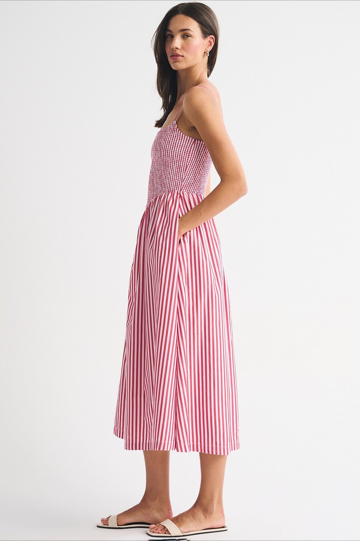 Striped Shirred Bodice A-Line Midi Dress