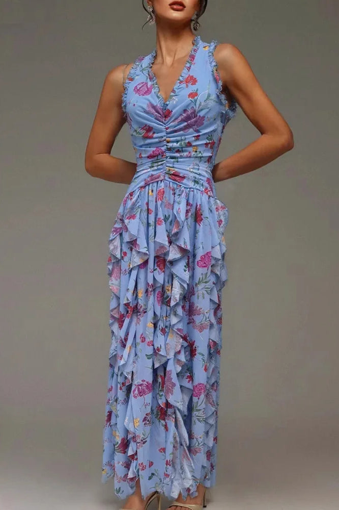 Floral Print Halter Plunge Ruffle High-Slit Maxi Dress 6