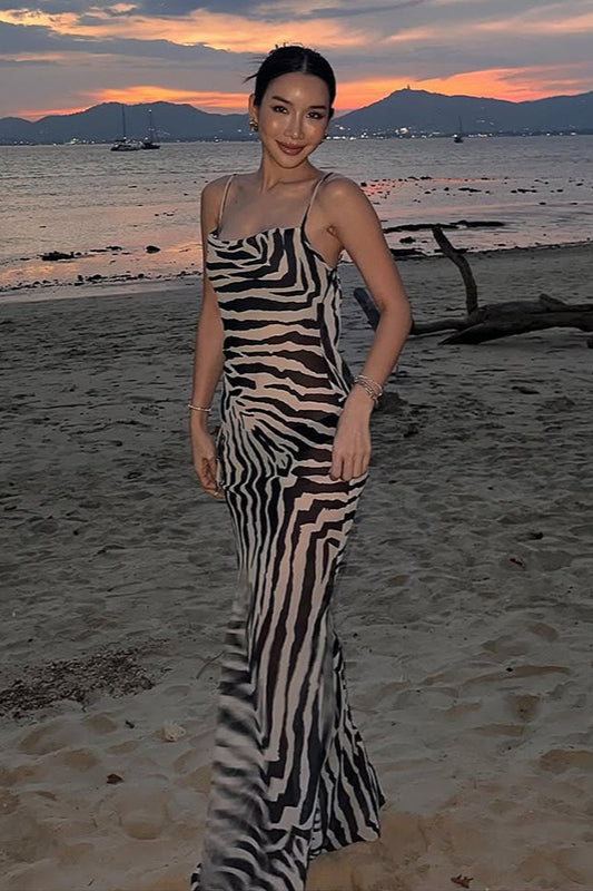 Zebra Print Cowl Neck Backless Mermaid Maxi Dress 4
