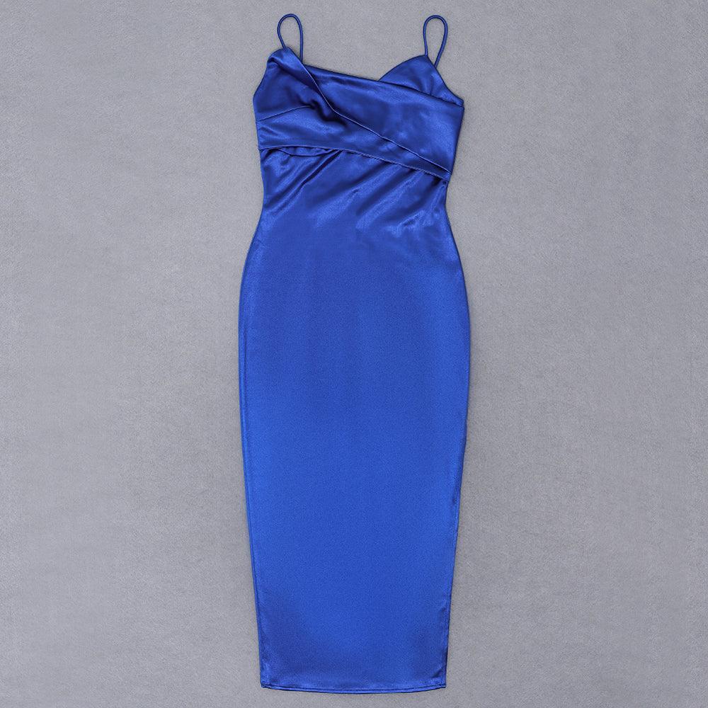 Satin Cowl Neck Ruched Slit Midi Dress