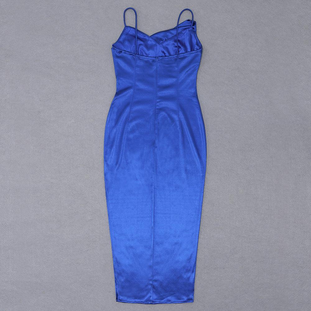 Satin Cowl Neck Ruched Slit Midi Dress