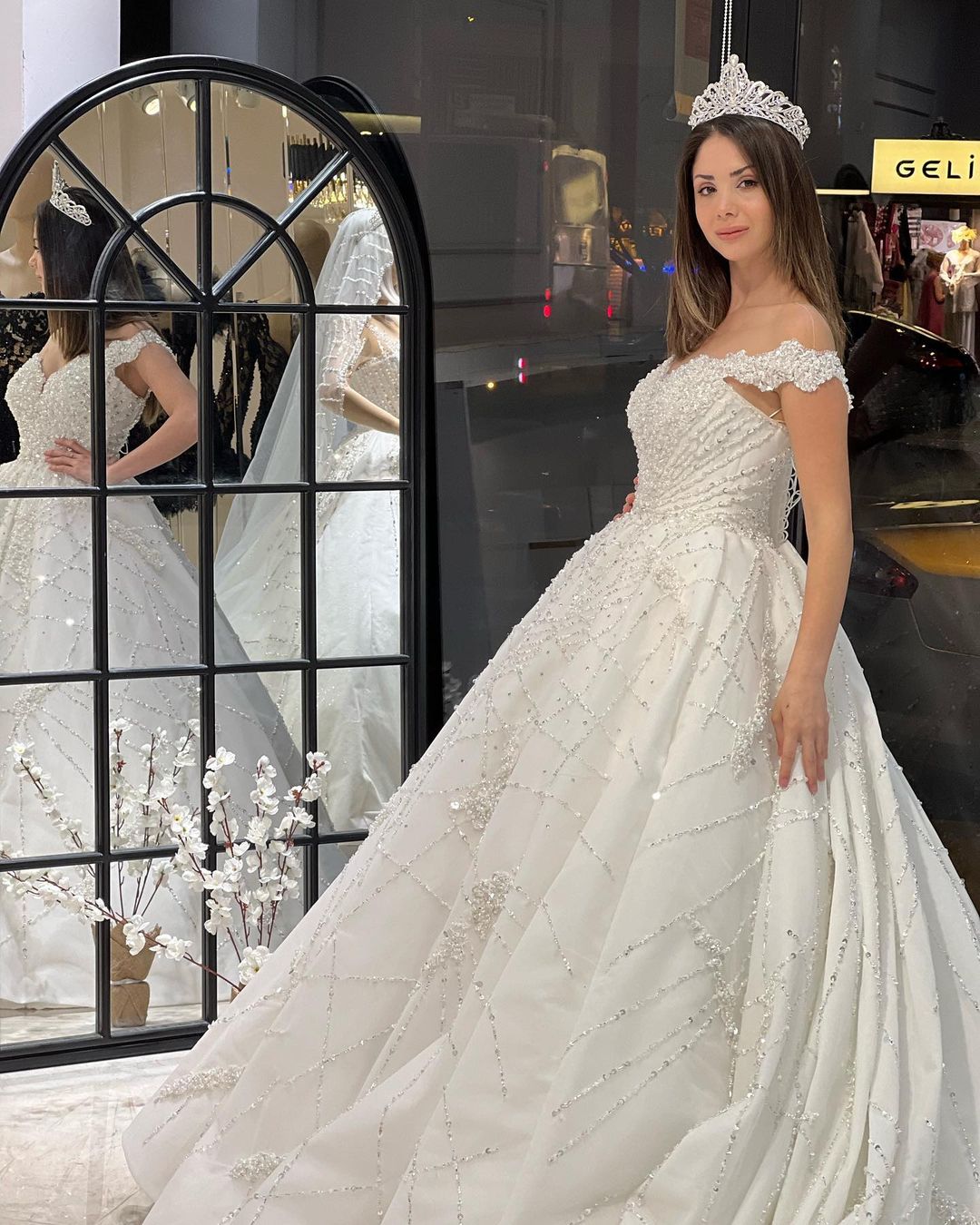 Gorgeous Floor-Length Off-The-Shoulder Sweetheart A-Line Sequined Wedding Gown with Ruffled Details - Fashionpara