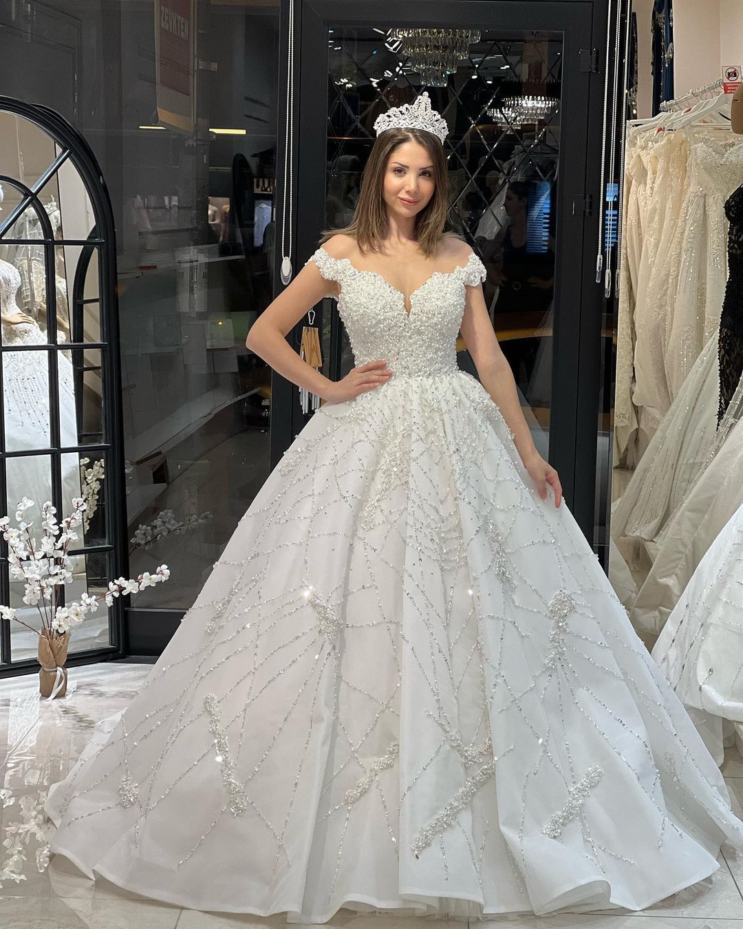 Gorgeous Floor-Length Off-The-Shoulder Sweetheart A-Line Sequined Wedding Gown with Ruffled Details - Fashionpara