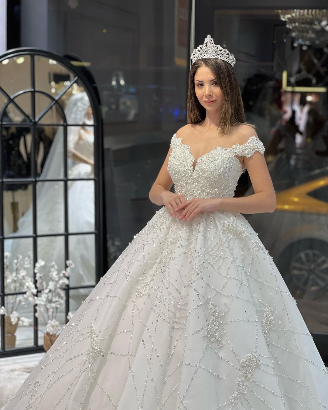Gorgeous Floor-Length Off-The-Shoulder Sweetheart A-Line Sequined Wedding Gown with Ruffled Details - Fashionpara