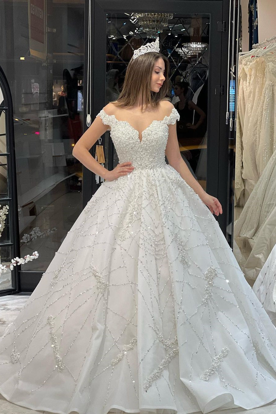 Gorgeous Floor-Length Off-The-Shoulder Sweetheart A-Line Sequined Wedding Gown with Ruffled Details - Fashionpara
