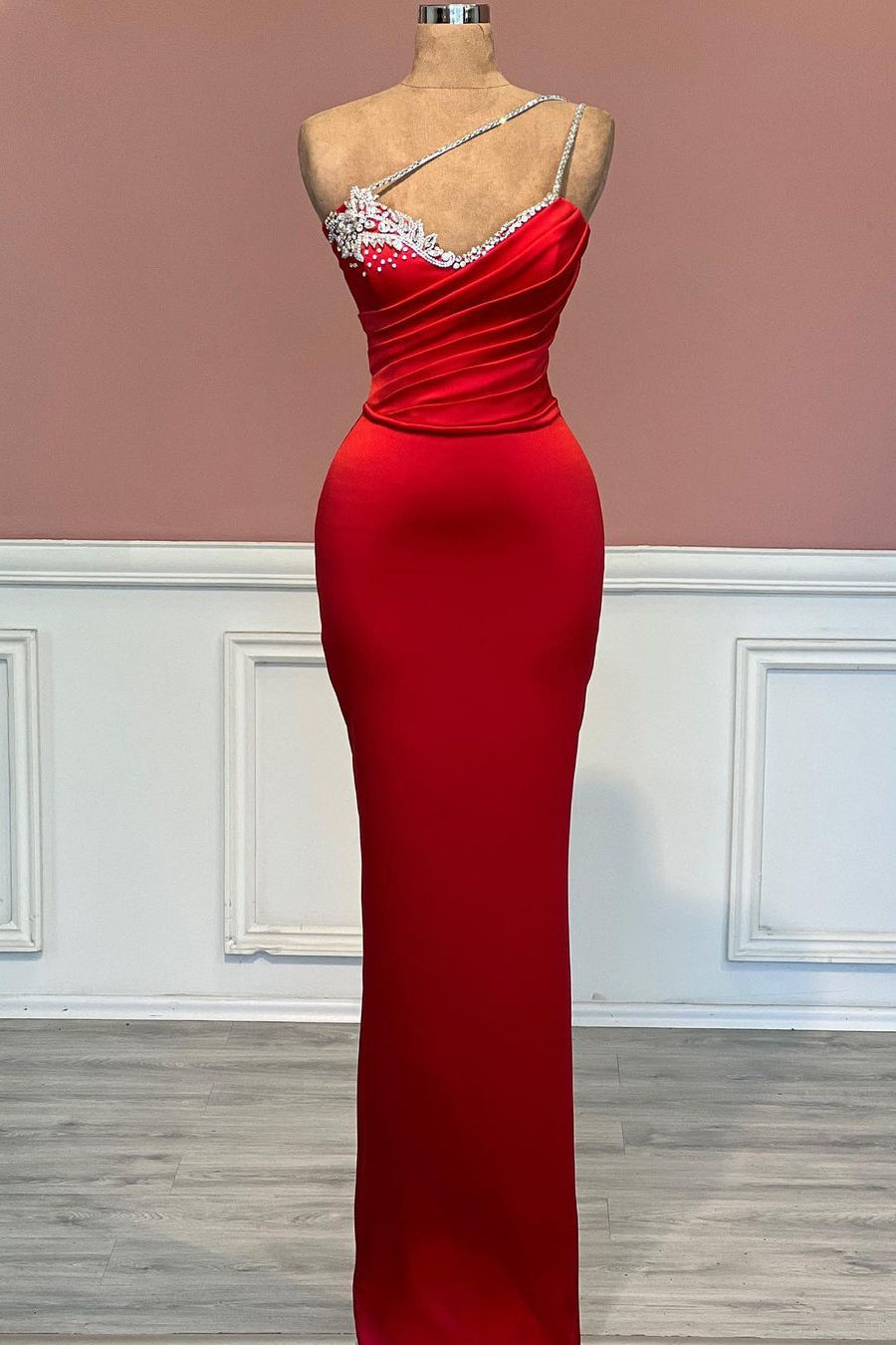 Gorgeous Mermaid Sweetheart Red One Shoulder Straps Jewels Prom Dress - Fashionpara