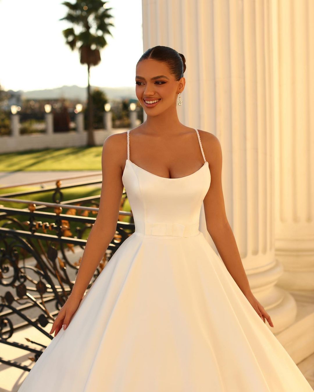Fabulous Long White A-line Spaghetti-Strap Satin Wedding Gown - Fashionpara