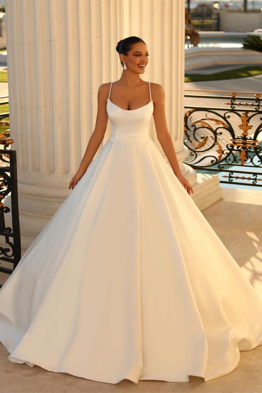 Fabulous Long White A-line Spaghetti-Strap Satin Wedding Gown - Fashionpara