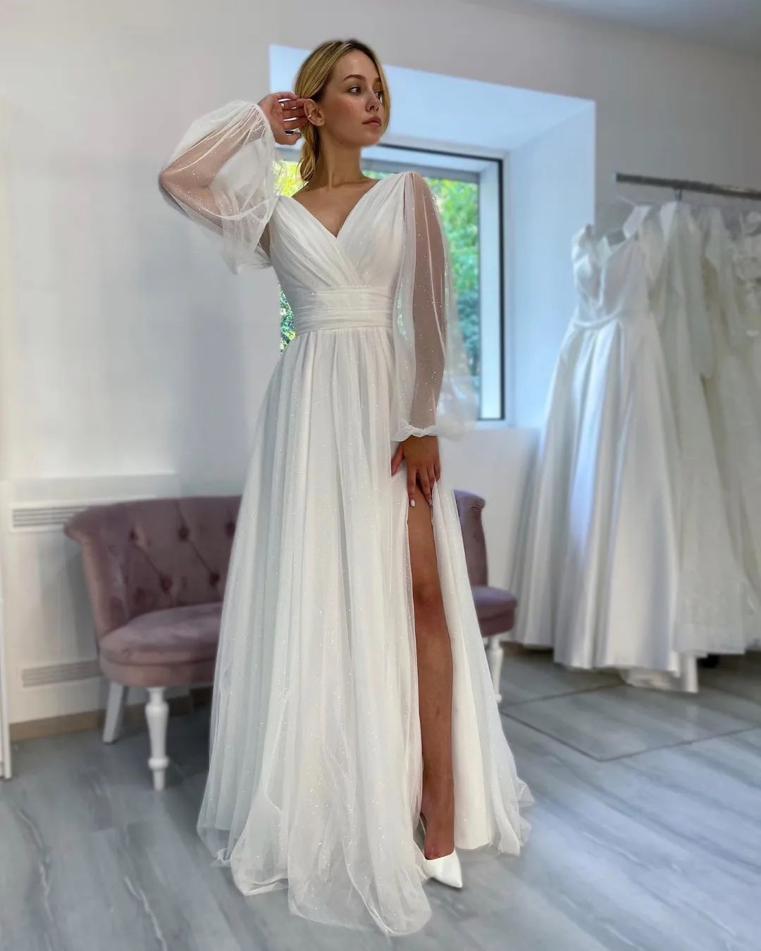 Fabulous White A-Line V-Neck Long Sleeve Glittering Wedding Dress with Slit - Fashionpara