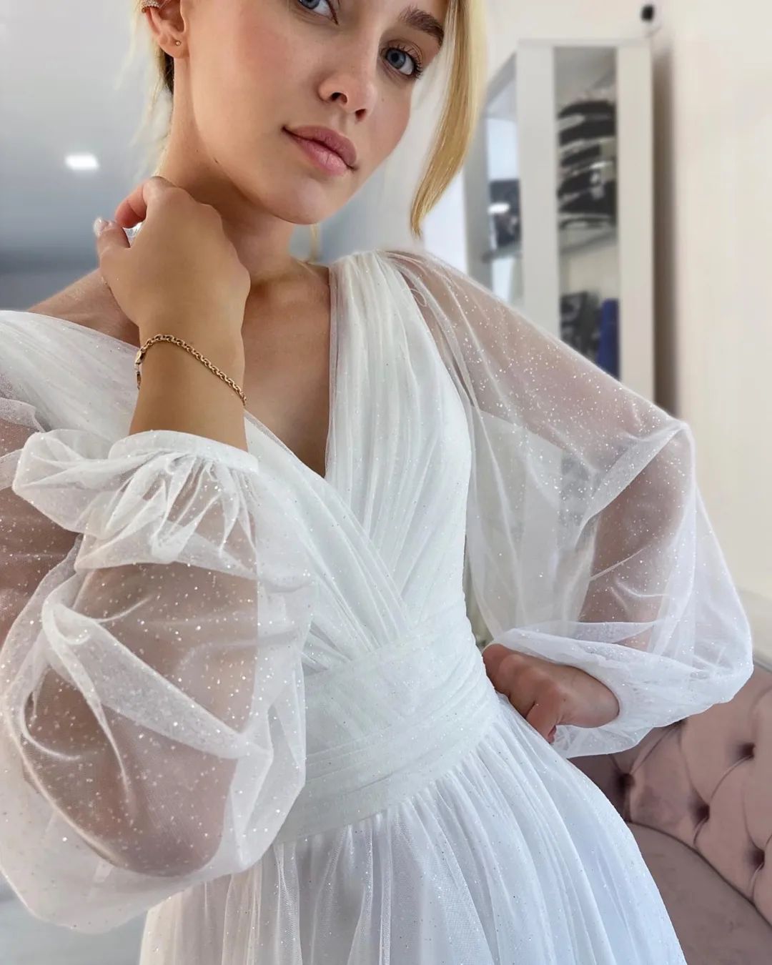 Fabulous White A-Line V-Neck Long Sleeve Glittering Wedding Dress with Slit - Fashionpara