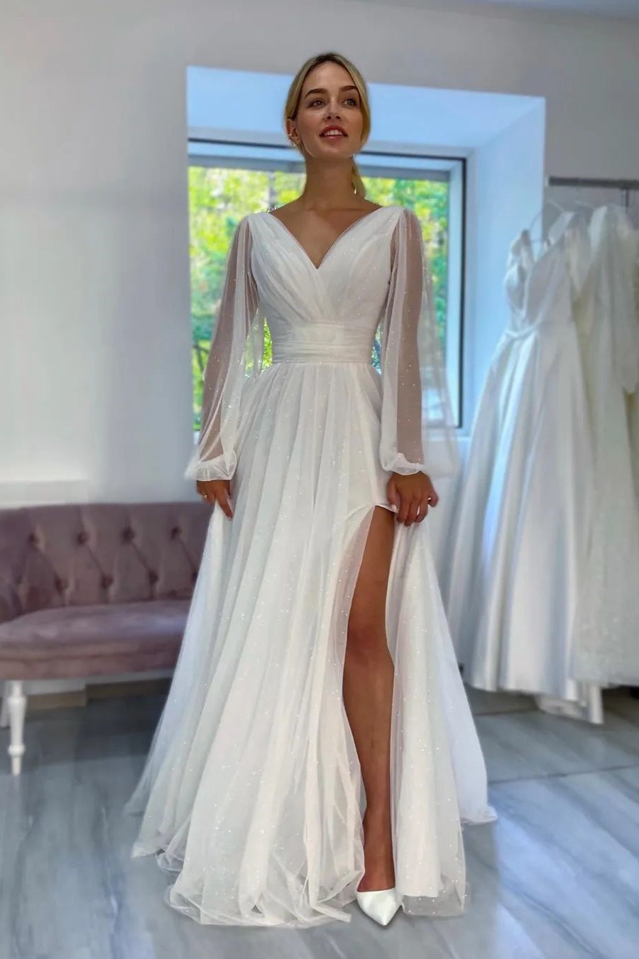 Fabulous White A-Line V-Neck Long Sleeve Glittering Wedding Dress with Slit - Fashionpara