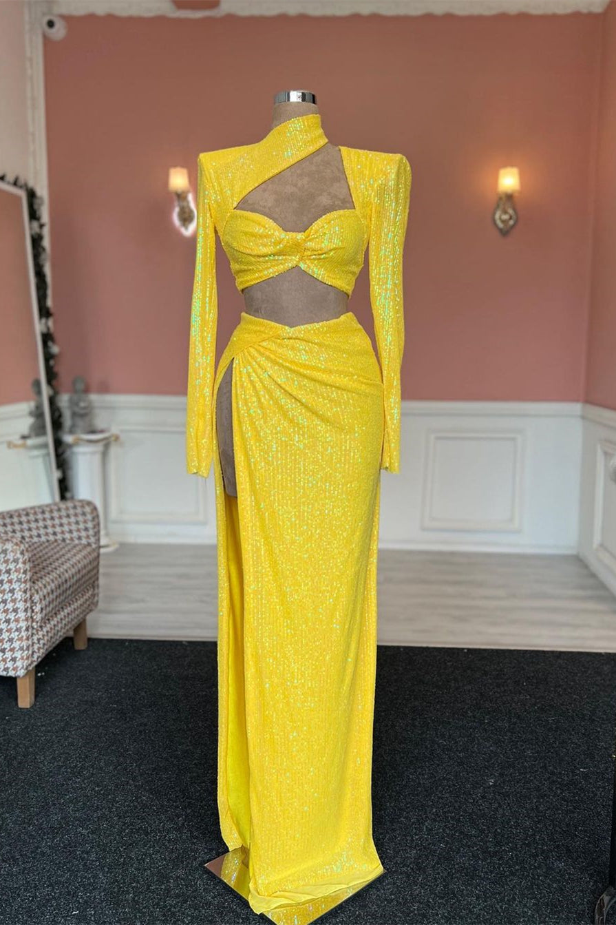 Charming High Neck Long Yellow Spit From Long Sleeves Prom Dress With Sequined - Fashionpara