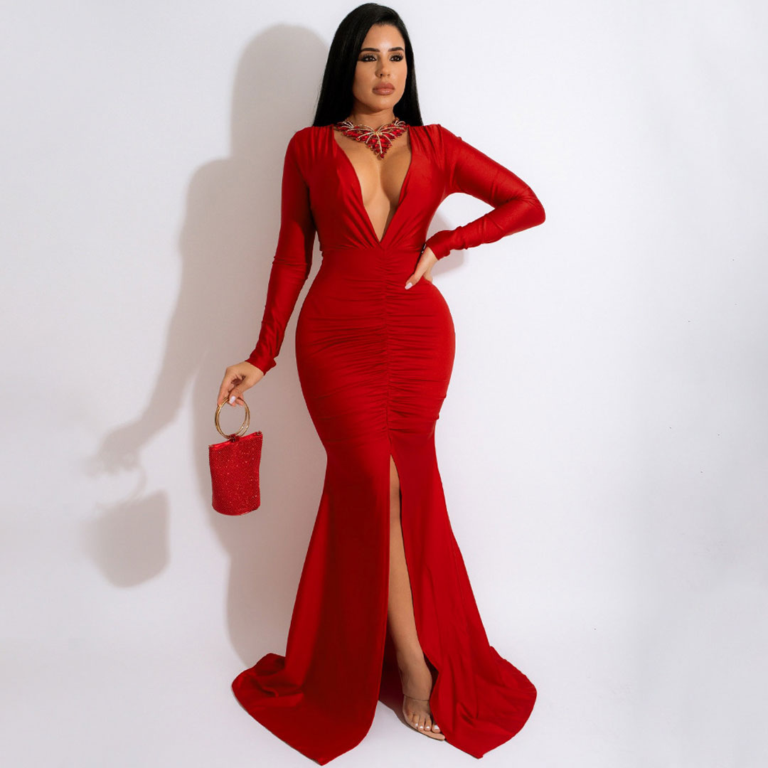 Ruched Plunge Long Sleeve Split Fishtail Gown